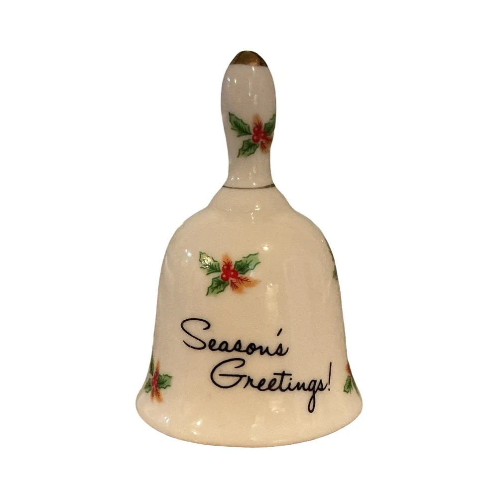 Vintage 1979 Enesco Seasons Greetings Holly Berry Ceramic Christmas Bell Gold